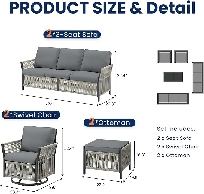 Wicker Outdoor Furniture Set, 6 Piece Patio Conversation Sets, Comfort Swivel Rocker Glider Patio Chairs Set of 2 with Ottoman and Rattan Sofa (Grey)