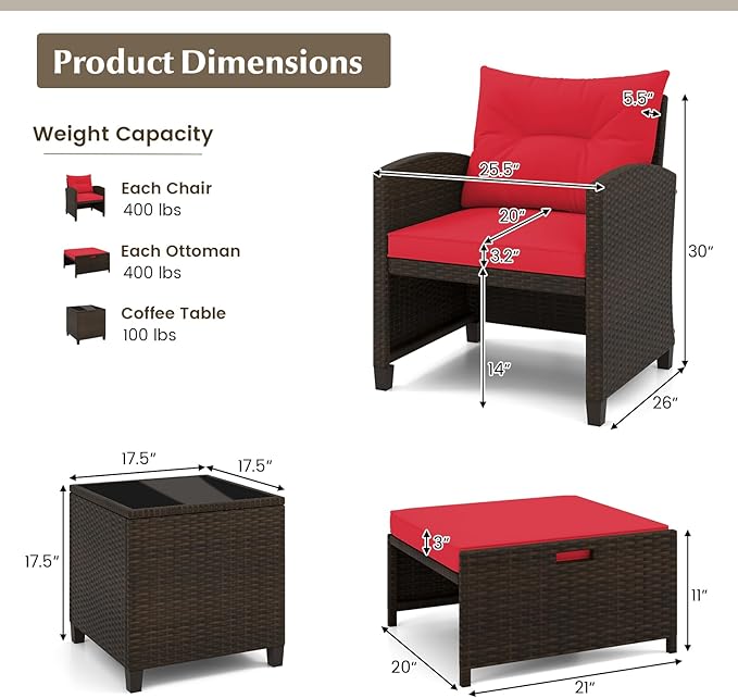 Tangkula 5 Pieces Patio Conversation Set, PE Wicker Rattan Outdoor Furniture Set with 2 Chairs, 2 Ottomans & Tempered Glass Coffee Table, Ideal for Poolside, Backyard, Lawn, Deck, Mix Brown & Red