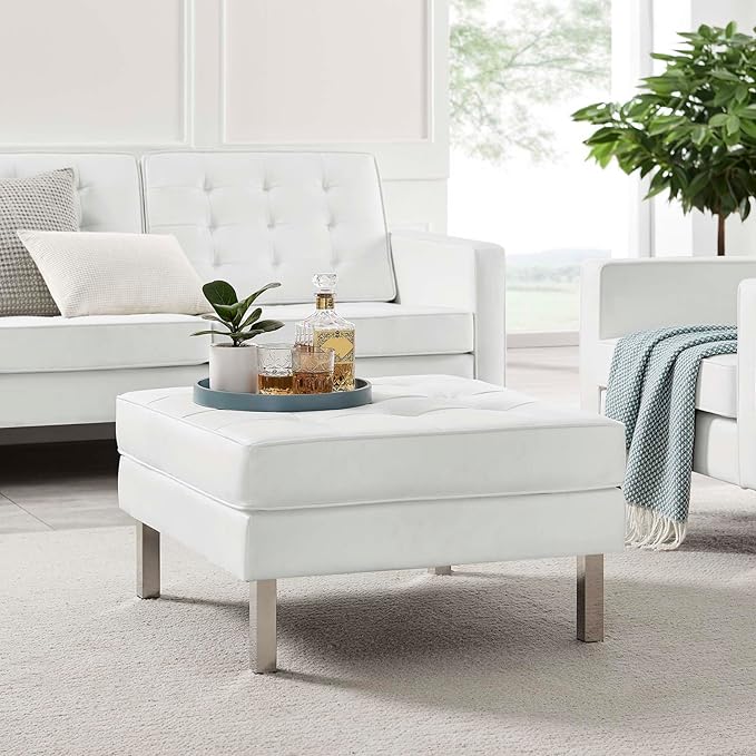 Modway Loft Tufted Button Faux Leather Upholstered Square Ottoman in Silver White