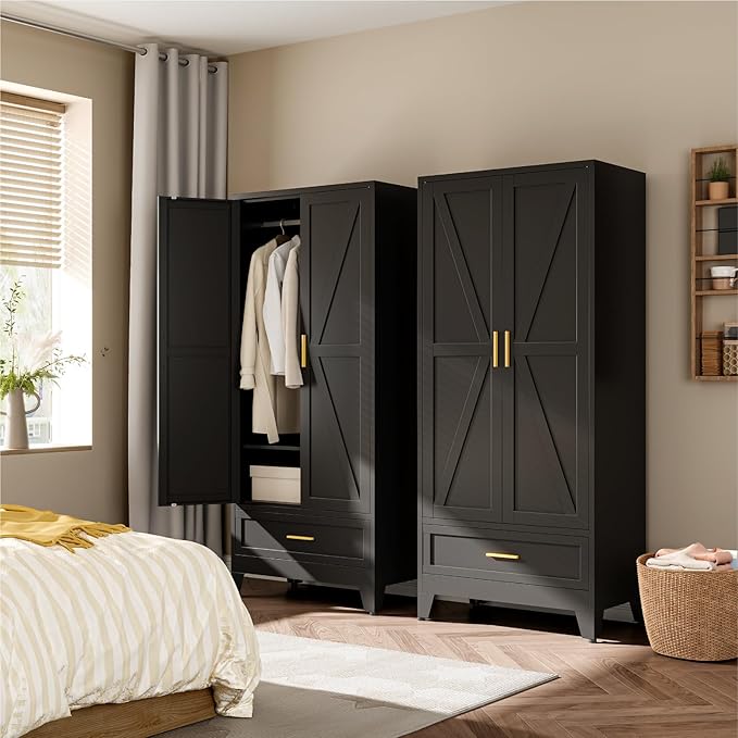 Metal Wardrobe Cabinet, 71" Tall Armoire Wardrobe Closet with Drawer,Hanging Rod and Adjustable Shelf, Farmhouse Clothing Storage Cabinet for Bedroom, Laundry