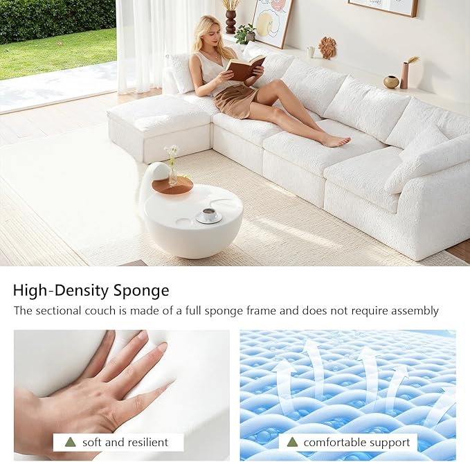 138" Modular Sectional Sofa Boneless Cloud Couch for Living Room, L Shape Deep Seat Recliner Sofa with Ottoman, Adjustable Backrest & 2 Throw Pillows - Covers Washable, (White, 4 Seater+1 Ottoman)