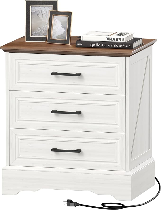 Akxomel Farmhouse Nightstand with Charging Station, 22" Wide Bedside Table with 3 Large Drawers & Bar Handles, Side End Table with Stable Support Base, for Bedroom, Off White - Image 9