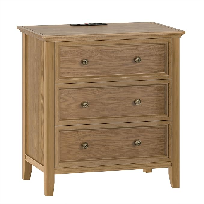 IKENO 3 Drawer Nightstand with Charging Station, Solid Wood Teak End Table with USB Ports & Outlets, Modern Bedside Table with Storage Drawers for Bedroom, Living Room, 27.6" W x 16.8" D x 26.8" H - Image 3