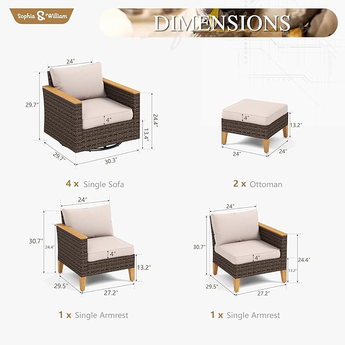 Sophia & William Patio Furniture Set with Swivel Chairs, 8 Piece Outdoor Sectional Furniture Wicker Modular Sofa Couch, Conversation Set for Deck Backyard Lawn, Beige