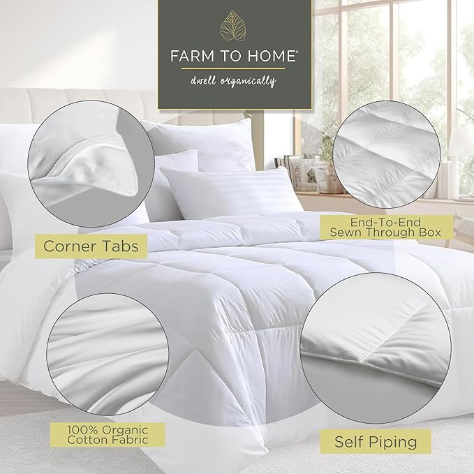 Farm To Home Organic Cotton Feather Down Comforter Twin Size, 100% Organic Cotton Cover, All Seasons Luxury Duvet Insert with Corner Tabs, Cozy HotelCollections White Bedding Comforters, 68"x90"