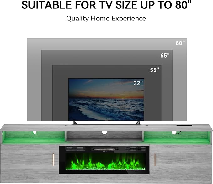 MXV 78" Fireplace TV Stand with Power Outlet for TVs UP to 90", Electric Fireplace Entertainment Center with LED Lights & Storage Cabinets, TV Console for Living Room, Office, Grey-Black - Image 8