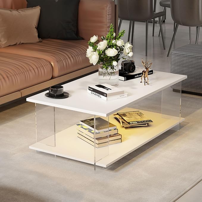 43" Acrylic Coffee Table with White Wood Top, Minimalist Stylish Modern Rectangular Center Tables for Living Room, Led Living Room Table with Storage Shelf & Acrylic Frame for Small Space