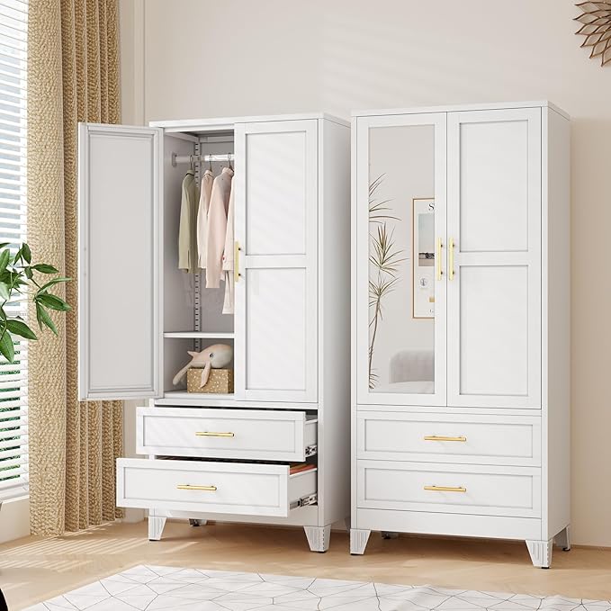 Metal Armoire Wardrobe Closet Storage Cabinet with 2 Doors White, 71'' Wardrobe with Hanging Rod Metal Closet with Adjustable Shelf and 2 Drawers, Freestanding Storage Cabinet for Bedroom