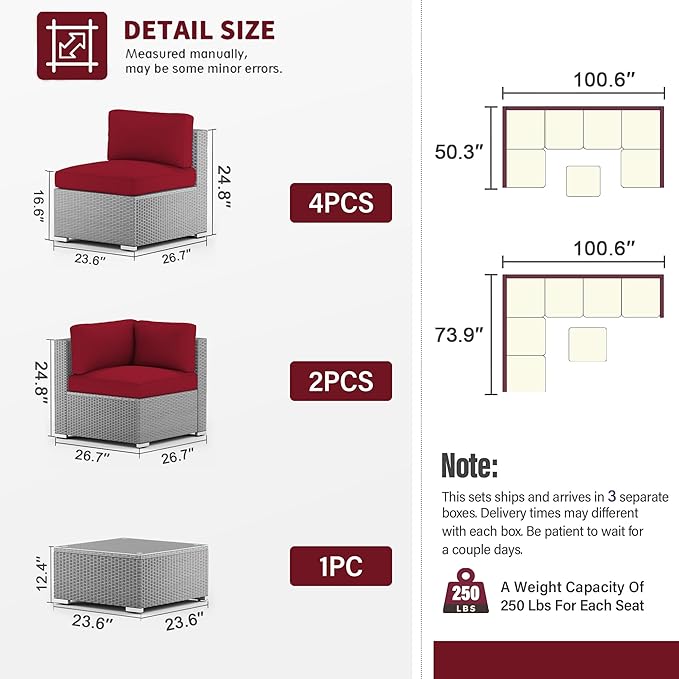 SUNCROWN Outdoor Patio Furniture Set 7 Piece Outdoor Sectional Sofa Grey Wicker Conversation Sofa Set with Coffee Table and Cushions -Red