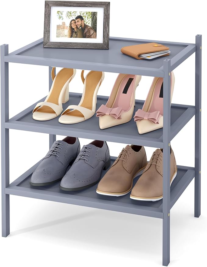 Smiry Bamboo Small Shoe Rack, 3 Tier Shoe Organizer for Entryway & Closet, Stackable Free Standing Storage Shelf for Shoes, Bags & Plants, Grey by Smiry