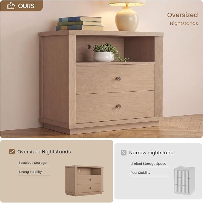 Night Stand Set of 2, Oversized Extra Large Nightstand with Charging Station, Tall Bedside Side Table with 2 Drawers Storage, Modern End Tables Wide Night Stands for Bedroom, White Oak - Image 9