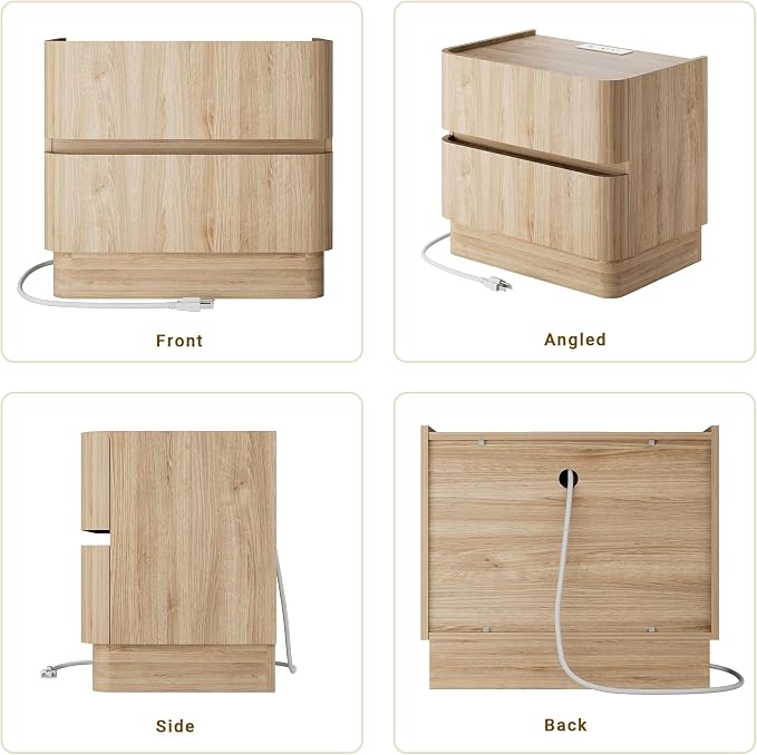 Night Stand Set 2, 23" Wide Nightstands Set of 2, Handleless 2 Drawer Nightstand with Charging Station, Large Wooden End Table, Modern Bedside Table for Bedroom, Rounded Corners,Natural Oak - Image 7