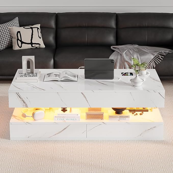 47" Modern LED Coffee Table with 2 Drawers, High Glossy Double-Layer Center Table with Wireless Charging and Built-in Bluetooth Speaker Smart Table for Living Room with Marbling White