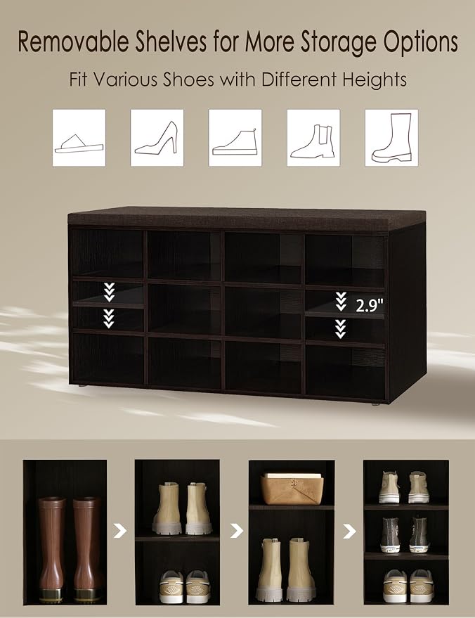 DINZI LVJ Shoe Storage Bench with Cushion, Cubby Shoe Rack with 12 Cubbies, Adjustable Shelves, Multifunctional Shoe Organizer Bench for Entryway, Mudroom, Hallway, Closet and Garage, Espresso - Image 9