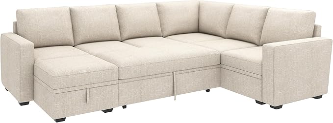 HONBAY Modular Sectional Sleeper Sofa with Pull Out Bed, U Shaped Sectional Couch with Storage Ottoman, Sleeper Sectional Couches for Living Room, Beige