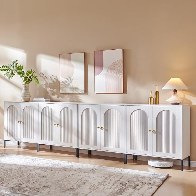 IFGET Modern TV Stands for 85 Inch TVs, 123.5"W Wood Entertainment Center w/Adjustable Shelves, Mid Century Modern TV Stand w/Arched Fluted Doors, Media Console Cabinet for Living Room, White - Image 8