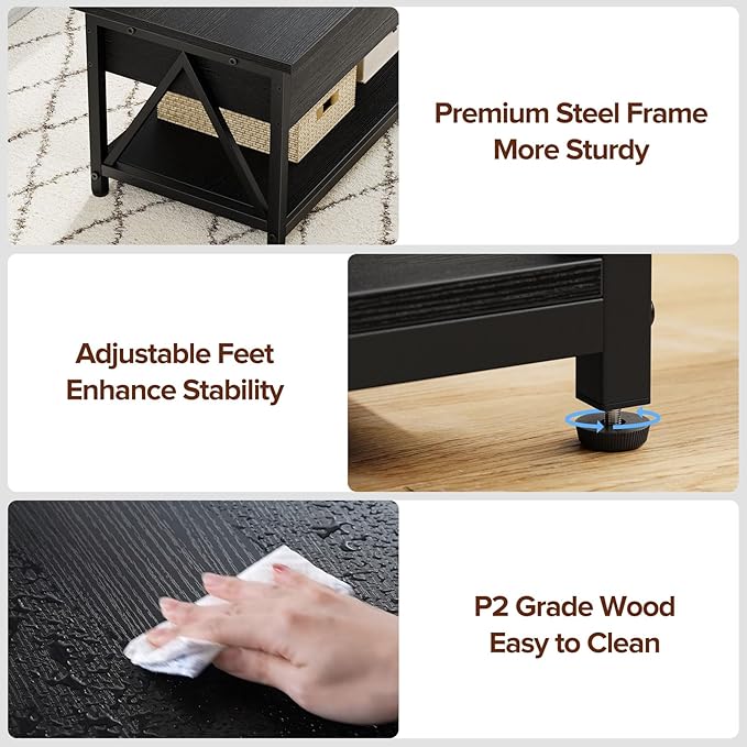 Lift Top Coffee Table,Lift Coffee Tables with Storage Shelf and Large Hidden Compartment for Living Room,Lift Tabletop Dining Center Table for Small Space, Black