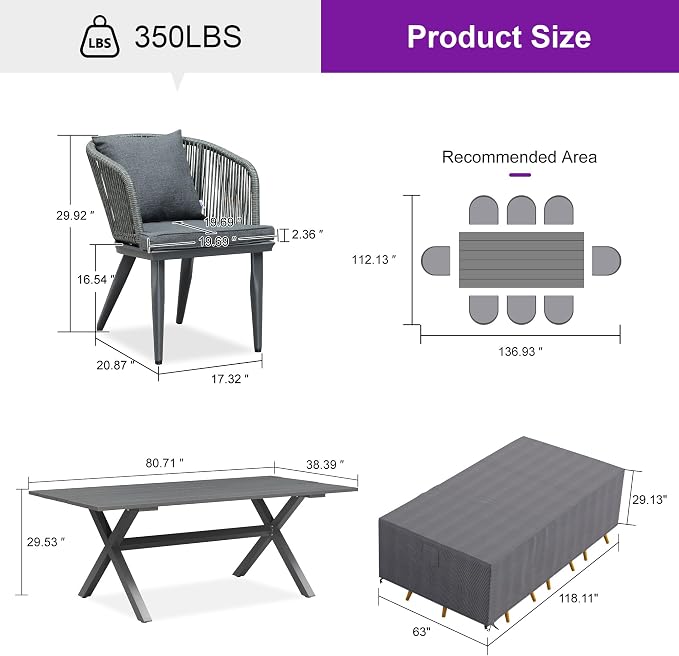 PURPLE LEAF 9 Pieces Patio Dining Set with Waterproof Furniture Cover Rectangular Table and Chairs Set for Garden Deck Aluminum Frame Backyard Kitchen Set, Cushions and Pillows Included Grey - Image 9
