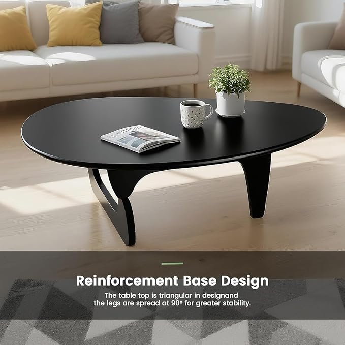 Solid Wooden Modern Triangle Coffee Table: Unique Funky Coffee Tables for Living Room, Oval Mid-Century Irregular Abstract Tea Tables for Patio Office Balcony Bedroom (Black, 33" L x 22" W x 16" H)