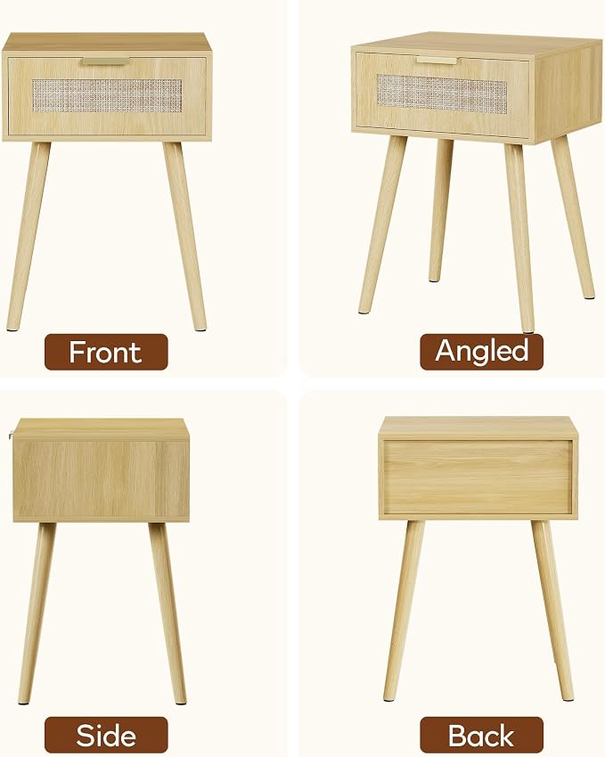 LAZZO Set of 2 Bedroom Nightstands Wooden Night Stands with Rattan Weaving Drawer Home Bedside End Table for Bedroom Storage - Image 13