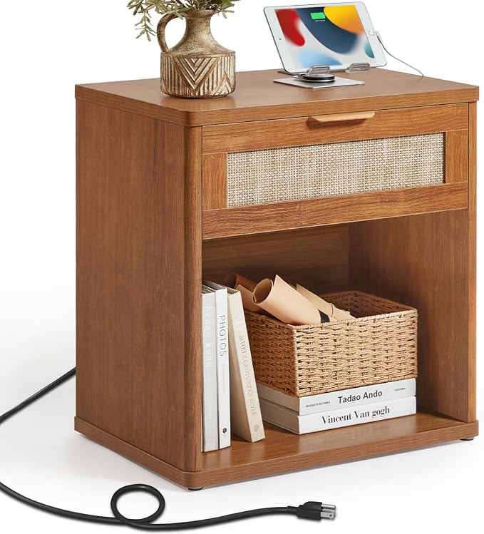 LEYAOYAO Rattan Nightstand with Charging Station, 23" Wide Boho Night Stand with Drawer, Natural Wood Bedside Table Open Storage Cabinet, Bed Side End Tables Dresser for Bedroom, Living Room, Hallway - Image 9