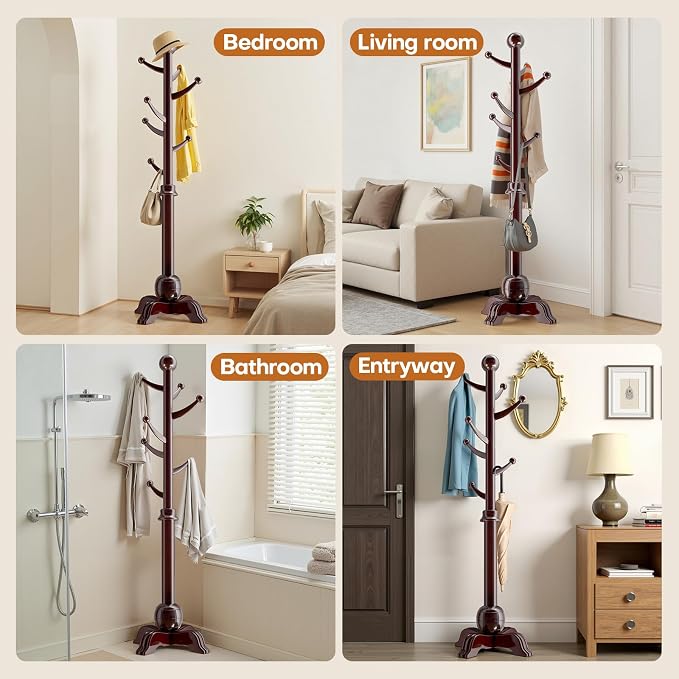 Hall Tree, Freestanding Wood Tree Rack with 7 Hooks, Coat Rack with Stable Sphere Base, Wooden Coat Rack Stand, Load 210 lb, Coat Hanger Stand for Entryway, Hallway, Bedroom (Black-Red) - Image 7