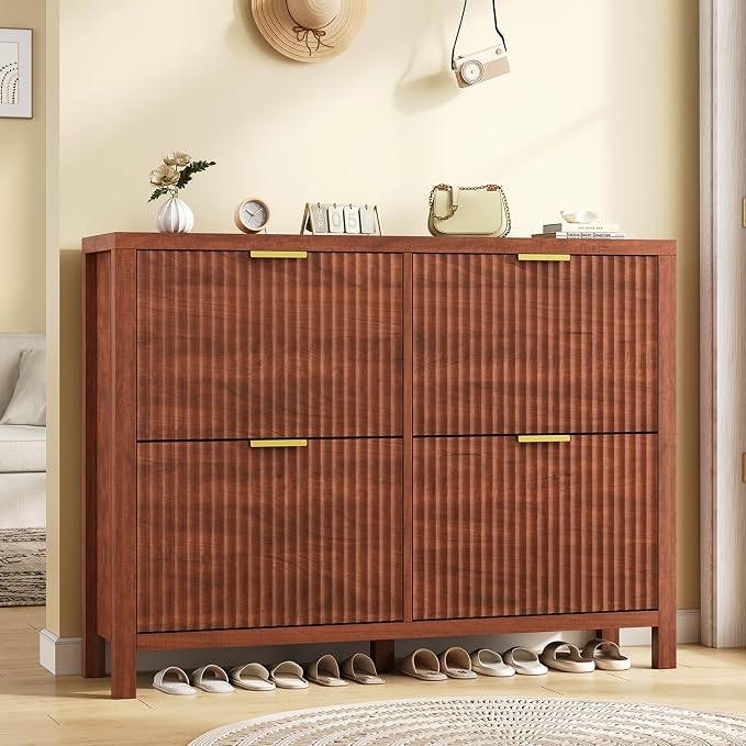 YOMILUVE Shoe Cabinet Storage for Entryway, Fluted Walnut Shoe Cabinet with 4 Flip Drawers, Hidden Shoe Rack Freestanding Wooden Shoe Organizer with Legs for Hallway - Image 9