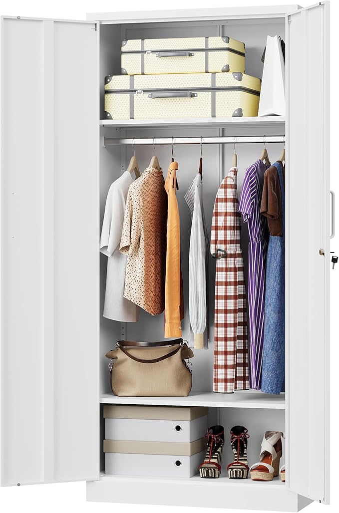 Metal Wardrobe Closet Cabinet,White Armoire Wardrobe Closets Storage Cabinets with Doors and Shelves for Laundry Room,Bedroom,Home Office,Bathroom(Long Handle)