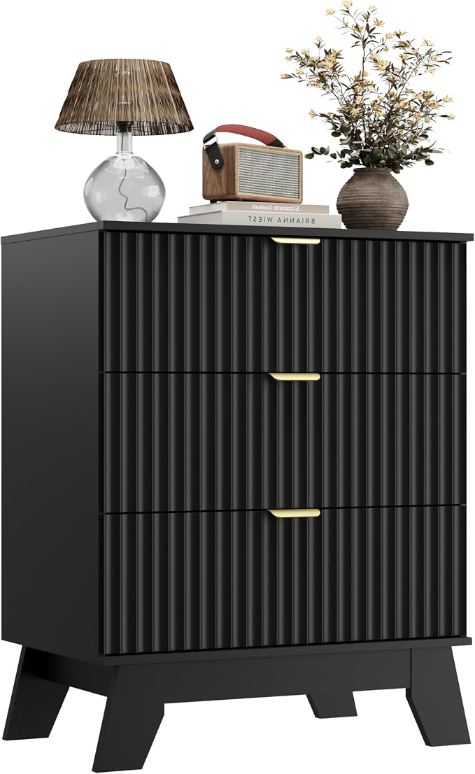 Wodeer Black Night Stand with 3 Drawers, Bedside Table & End Table, 24" Wide Mid Century Modern Fluted Wood Nightstand with Metal Handles, Farmhouse Night Stands for Bedroom - Image 9