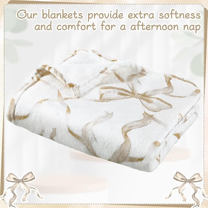 Buryeah Beige Bow Throw Blanket Valentine's Day Galentines Day Gifts Preppy Blanket Coquette 50 X60 Flannel Soft Cute Bow Lightweight Aesthetic Room Decor for Women Friends for Sofa Couch Travel Bed