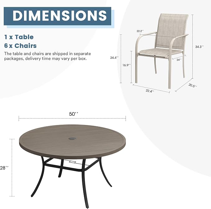 DIFY Patio Dining Set for 6, 7 Piece Outdoor Table and Chairs Set, 50" Grey Wood-Like Round Metal Patio Dining Table and 6 Sandshell Textilene Stackable Patio Chairs, for Backyard Garden Poolside - Image 8