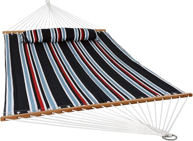 Sunnydaze Quilted Double Hammock for Outside with Spreader Bars and Pillow - 450 lb Capacity, 74x55 Inch Bed, UV Resistant, Quick Dry - Chains Included, Stand Sold Separately - Nautical Stripe - Image 10