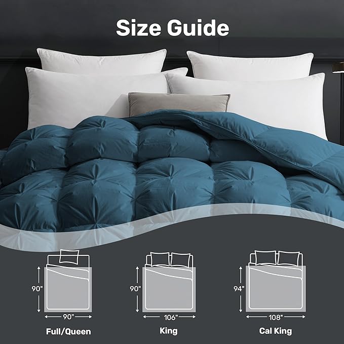 UNIKOME Goose Feather Down Comforter with Pinch Pleat Design - 20% Extra Fill, 116oz, All Season Duvet Insert with Cotton Cover, Cloud-Like Fluffiness Down Fiber Comforters (Navy, Cal King, 108"X94")