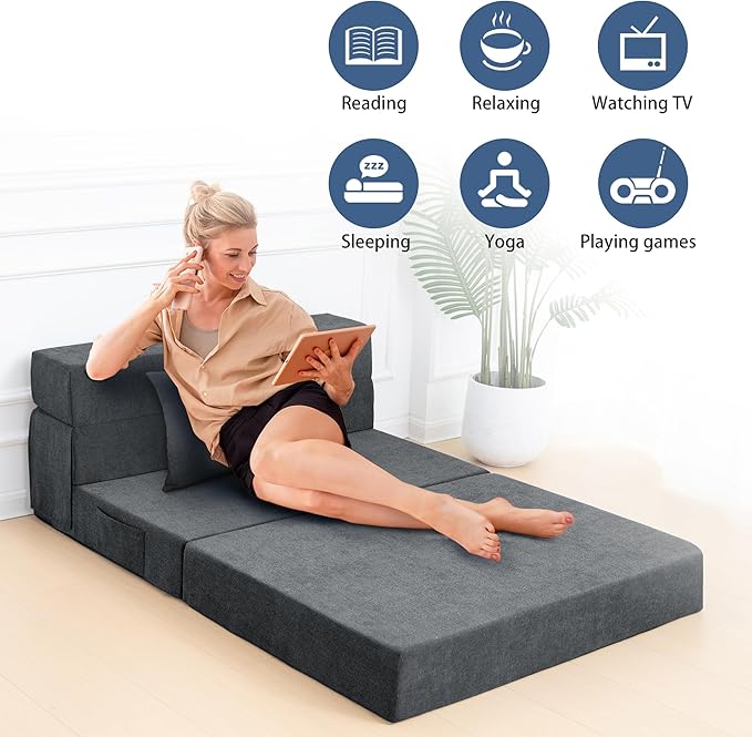 Folding Sofa Bed Chair with Pillow,Convertible Fold Out Chair Bed Sleeper,Foam Floor Mattress, Foldable Futon Couch Bed for Living Room/Dorm/Guest/Office (Grey, Twin)