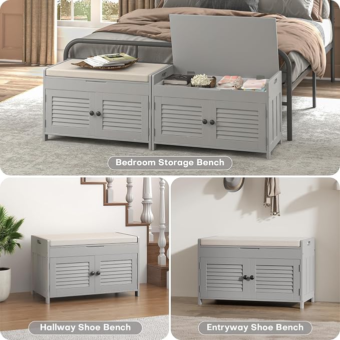 WARMHONIU Shoe Storage Bench with Lift Top Storage, Entryway Bench with Cushioned Seat, Adjustable Shelf, 2 Tier Shoe Rack with Doors for Entryway, Bedroom, Hallway, Mudroom, Grey - Image 7
