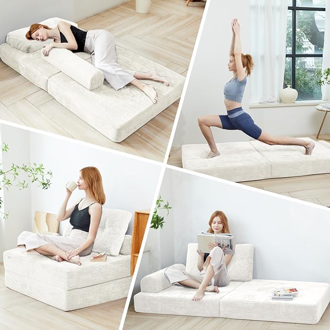 Folding Sofa Bed,Foldable Couch with Large Backrest and Pillows,Convertible Sleeper Chair for Living Room、 Bedroom 、Balcony 、Hotel、 Apartment,Twin,Creamy Apricot