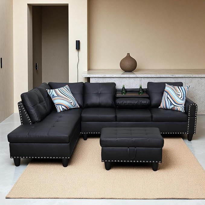 Sectional Couches for Living Room, Convertible 4 Seat Modular Sectional Sofa Set for Living Room, L Shaped Couch or U Shaped Couch with Storage Ottoman for Apartment, Leather Black