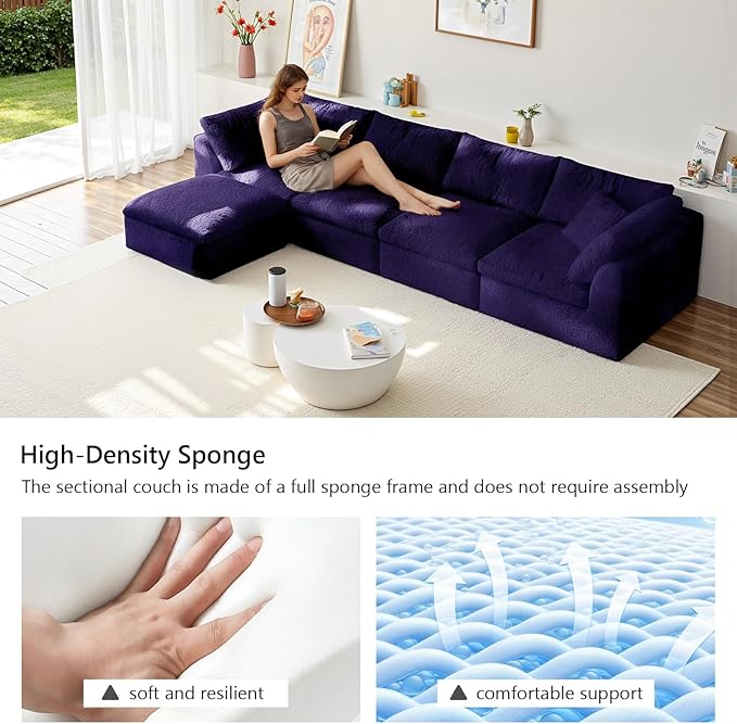 138" Modular Sectional Sofa Boneless Cloud Couch for Living Room, L Shape Deep Seat Recliner Sofa with Ottoman, Adjustable Backrest & 2 Throw Pillows - Covers Washable, (Purple, 4 Seater+1 Ottoman)