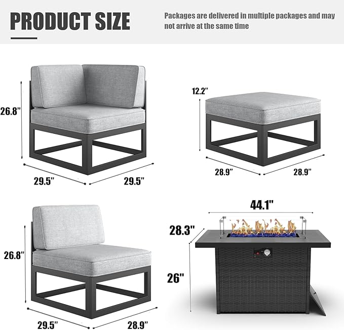 LayinSun Large Aluminum Patio Furniture Set with Fire Pit Table, 11 Pieces Modern Outdoor Conversation Set Sectional Metal Sofa Set with Olefin Cushion