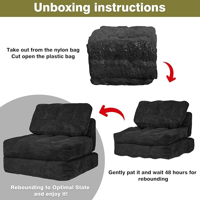 Art3d Folding Sofa Bed, Convertible Sleeper Sofa Bed with Pilow & Back Support, 3 in 1 Long Futon Boneless Couch, Comfy Floor Couch for Living Room, Bedroom, Black