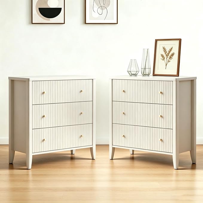 Fatmok Fluted 3 Drawer Dresser for Bedroom, 34" Wide Chest of Drawers, Modern Wood Nightstand End Table with Metal Handles, Striped Storage Cabinet for Living Room, Hallway, Entryway, Alabaster White - Image 6