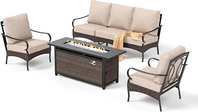 Patio Furniture Set with 56" Fire Pit Table, Premium Outdoor Wicker Metal Frame Furniture with Upgraded Waterproof Thick Cushions for Porch, Poolside, Deck, and Yard (4 Pieces,Beige)
