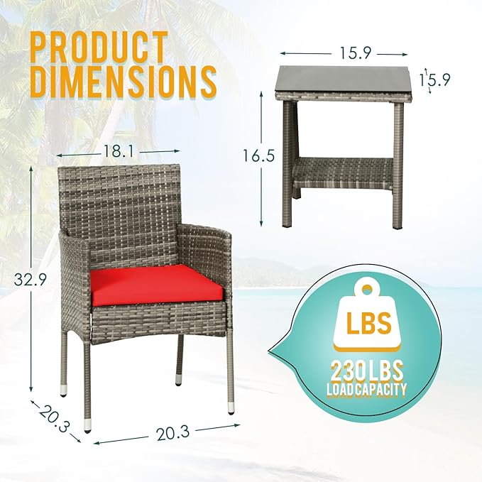 PayLessHere Set of 3 Outdoor Furniture Set Patio Furniture Set Gray Conversation Set with 2 Rattan Chairs Glass Coffee Table for Coffee Bar Poolside Patio Outdoor, Red Cushions
