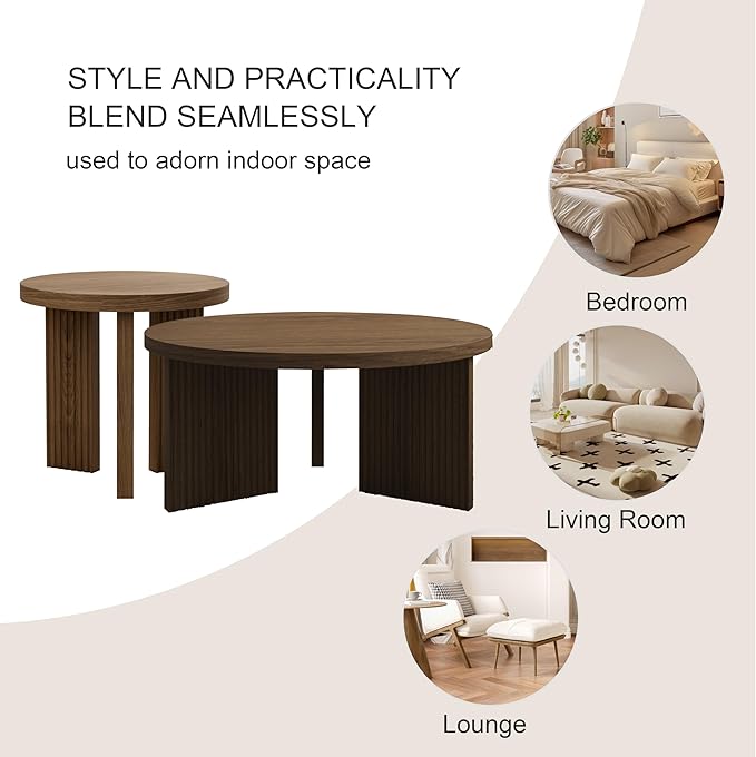 Nesting Coffee Table Set of 2, Modern Wooden Coffee Table with Smooth Thick Design, Circle Tea Table and End Table Set, Accent Center Tables for Living Room, Office, Brown