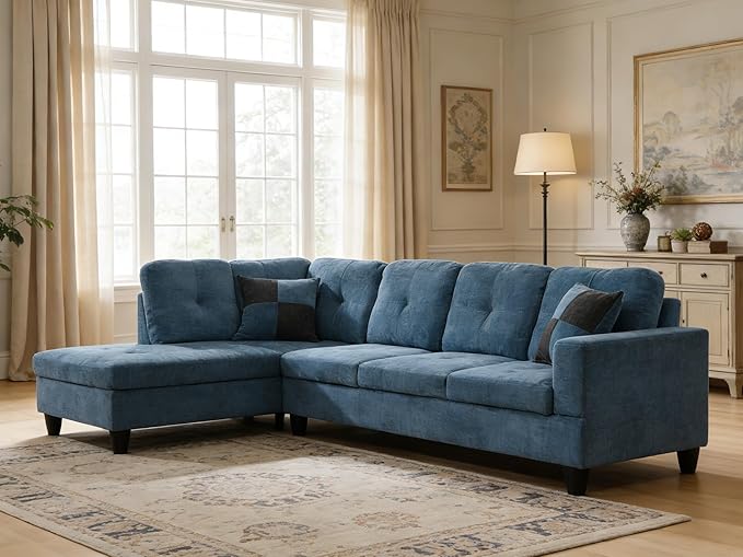 103.5 Inch Modern L-Shaped Couch, Flannel Sectional Sofa with Chaise Lounge, 4-Seater Couch with Accent Pillows for Living Room, Apartment, Dark Blue