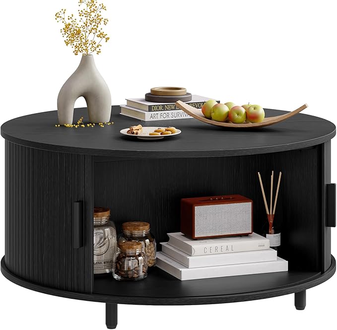 31.5 Inch Round Coffee Table, Mid-Century Modern Coffee Table wtih Storage, Fluted Coffee Table with Adjustable Footpads, 360° Rotating Sliding Door, Center Table for Living Room (Black)