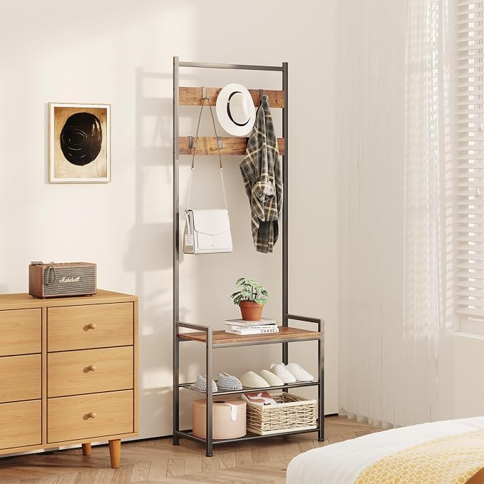 Coat Rack Hall Tree with Shoe Storage, Entryway Hall Tree Storage Bench, Wood Look Accent Furniture with Metal Frame, 3-in-1 Design, Rustic Brown - Image 8