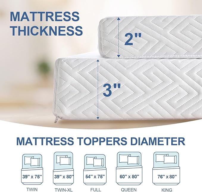 Eiayeebil 2 Inch Memory Foam Mattress Topper Queen, Memory Foam Pad with Removable & Washable Cover, Bed Topper for Back Pain, Non-Slip Ventilated Design, Queen Size