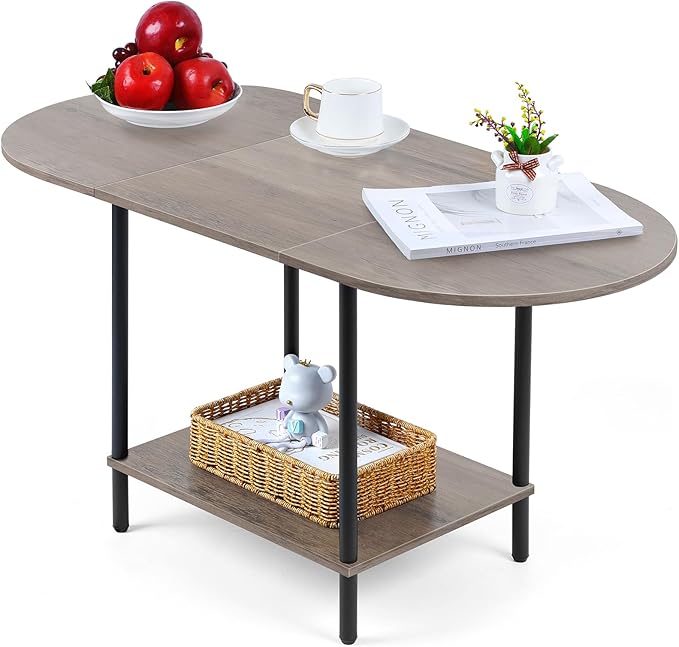 Shinoske Coffee Tables for Living Room,2-Tier Small Oval Center Table Industrial Modern Style Coffee Tables with Storage Shelf and Wood Tabletop for Small Space,Home Office,Rustic Grey