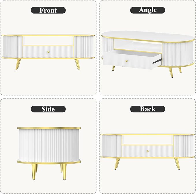 47" Fluted Coffee Table with LED Lights & Storage - Luxury Modern Oval Center Table for Living Room, Coffe Tables with Drawers, Curved Profile Design, Gold Metal Decor, White